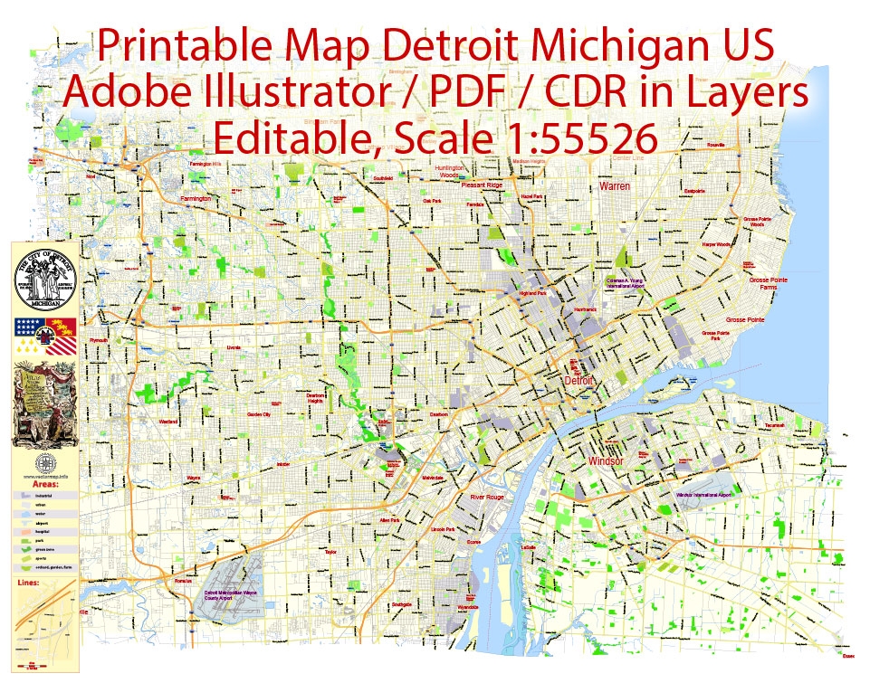 Detroit Printable Map Michigan US Exact Vector City Plan Scale 1 