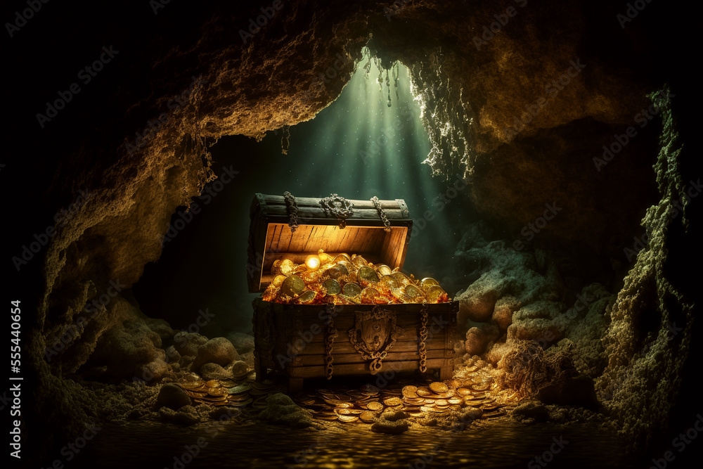 Generative AI Illustration Of Pirates Treasure Chest In Cave Stock 