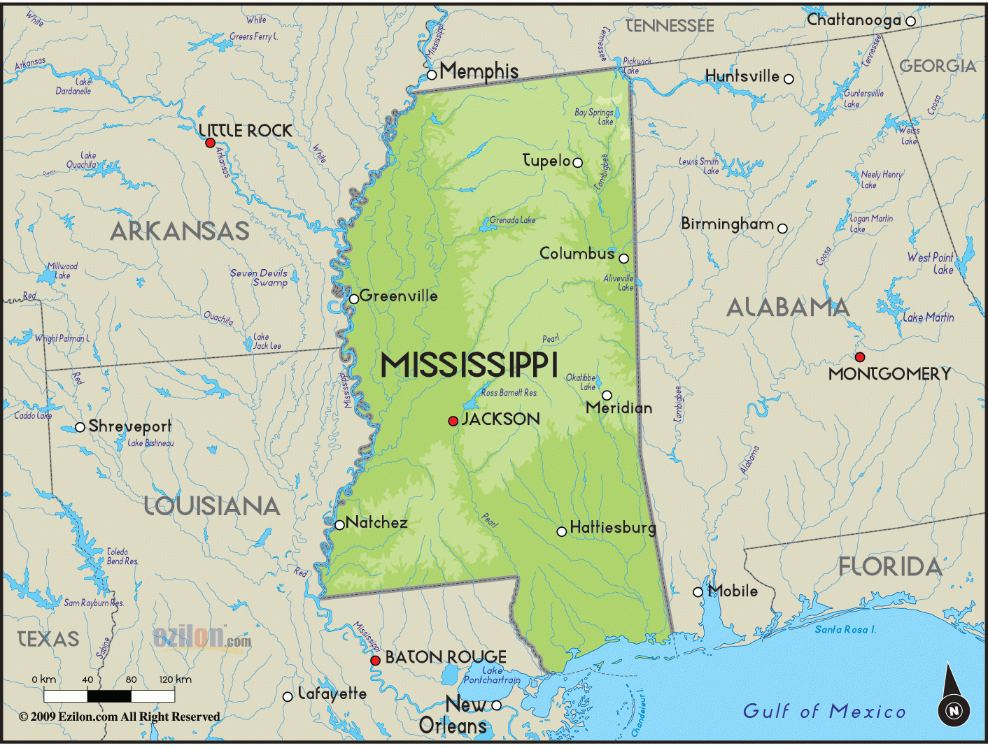 Geographical Map Of Mississippi And Mississippi Geographical Maps