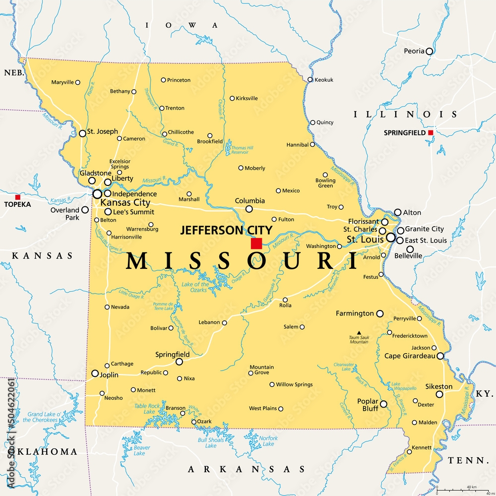 Missouri MO Political Map With Capital Jefferson City And Largest 