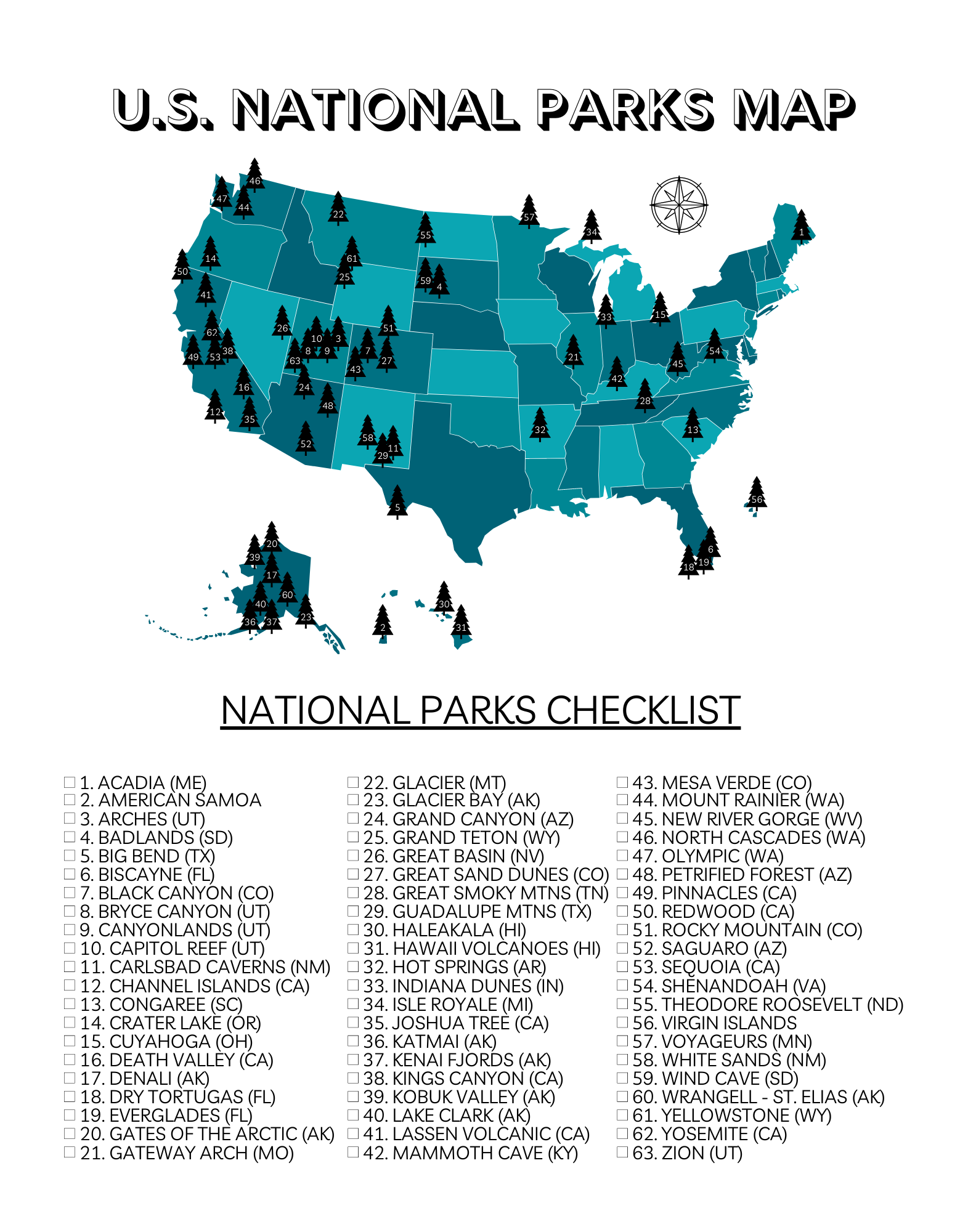 U S National Parks Map With All 63 Parks Printable Us National 